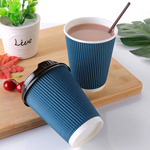 100 Pack 12oz Paper Coffee Cups With Lids Disposable To Go Hot Beverages Blue Coffee Cups for Party by Bulex