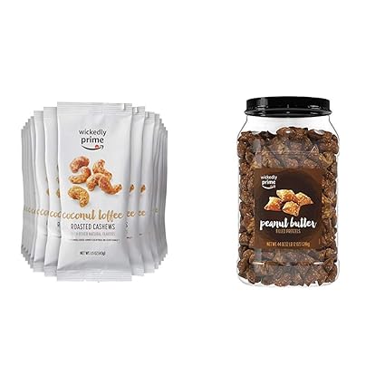 Amazon Brand Wickedly Prime Roasted Cashews Coconut Toffee Snack Pack 1 5 Ounce Pack Of 15 Peanut Butter Filled Pretzels 44 Ounce Amazon Com Grocery Gourmet Food