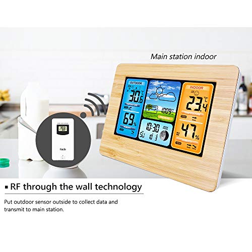 ALLOMN Wireless Weather Station with Color High Definition Display Indoor Outdoor Digital Thermometer Home Alarm Clock with Temperature Humidity Barometer Alarm Moon Phrase (Yellow Bamboo) - Thumbnail 3
