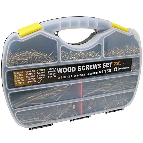 T.K.Excellent Wood Screw Phillips Flat Head Drywall Chipboard Screw Assortment Kit,1150 Pcs