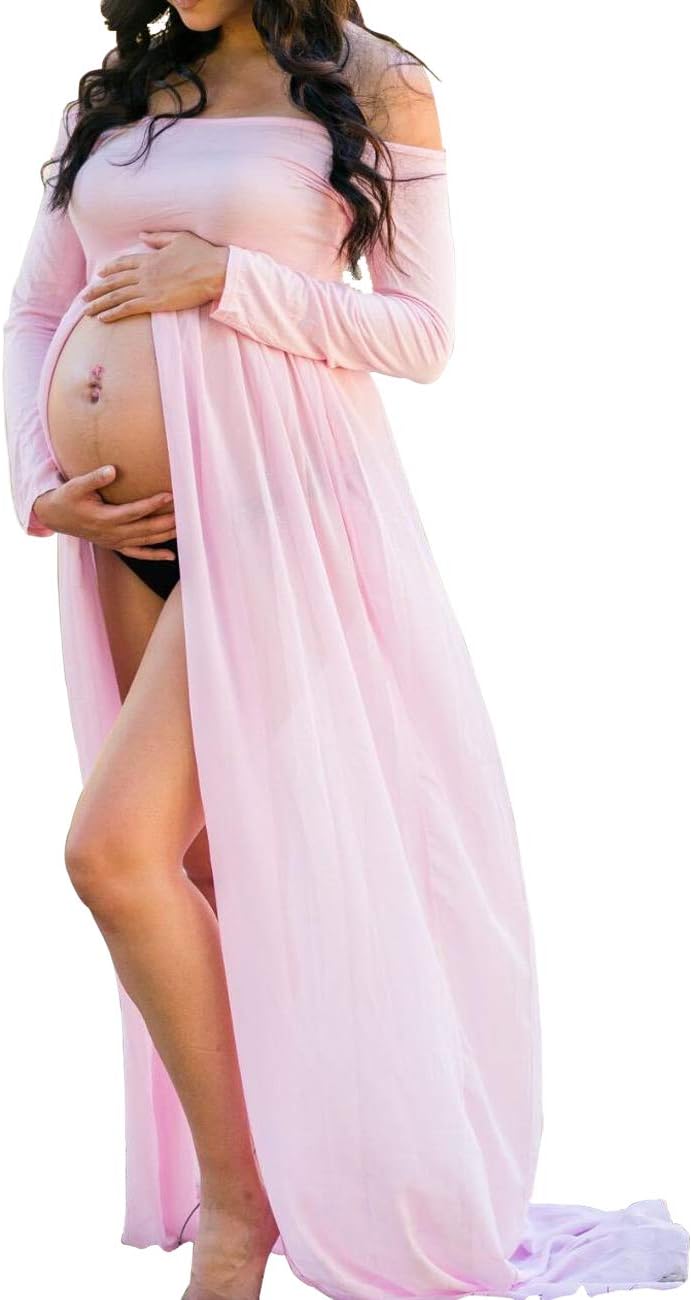 Women's Off Shoulder Long Sleeve Maternity Maxi Photography Dress Split Front Chiffon Gown for Photoshoot