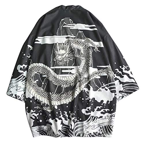 Men's Embroidery Kimono Cardigan Casual Cotton Linen Seven Sleeves Open Front Coat