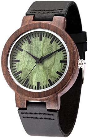PHCOOVERS Mens Bamboo Zebra Wooden Quartz Casual Watch with Brown Cowhide Leather Strap Quartz