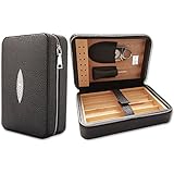 Capo Lily Cigar Humidor, Travel Portable Case with Cutter, PU Leather Wooden Box for 4 Cigars