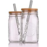 Capsule Classic Reusable Boba Bubble Tea & Smoothie Cups - 2 Glass Wide Mouth 32 oz Mason Jars with Bamboo Lids - 2 Reusable Silver Stainless Steel Boba Straws