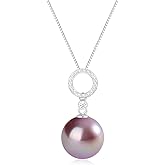 BAMIKI Round 12MM Pearl Pendant Necklace, Blue Black Pink Purple Golden Cultured Pearls S925 Sterling Silver Necklace, 18+2In Adjustable Chain, Elegant Jewelry Gifts for Women Mother Wife