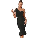 Mesh One Shoulder Bow Midi Dress Fishtail Bandage Cocktail Party Wedding Bridesmaid Evening Gown