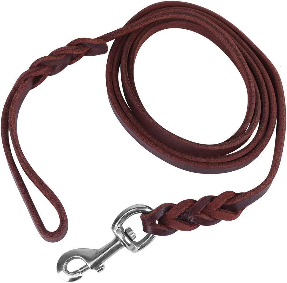 Leather Dog Lead Braided Brown Leather Pet Leash Dog Training Lead Rope Pet Walking Leads for Medium Large Dogs (5.25ft)