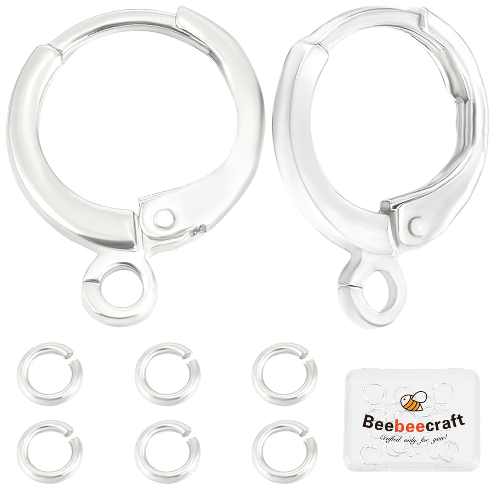 Beebeecraft 20Pcs 925 Sterling Silver Plated Brass Round Earring Hooks with Loop Leverback Earwires and 20Pcs 4mm Open Jump Rings with Storage Box for Jewellery Making Findings