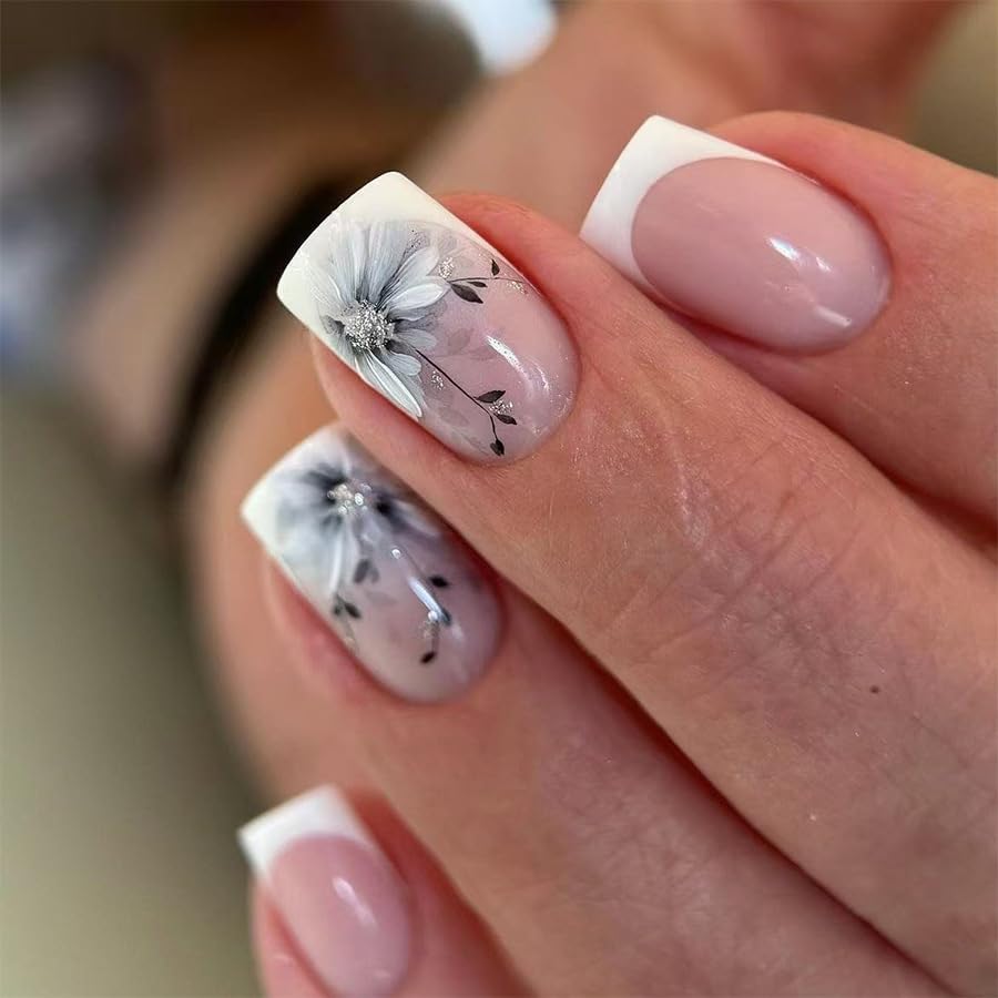 Photo 1 of ***different set/see live pictures**** French Tip Press on Nails Short Square Fake Nails White Flowers Acrylic Nails Glossy Gradient Artificial Nails Bude Nature False Nails Full Cover Glue on Nails for Women Girls Manicure Art 24Pcs