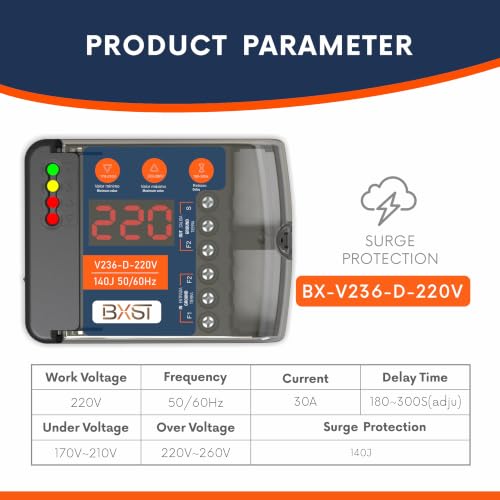 Protector de sobretensiones de cableado resistente con pantalla LED ajustable, protección de voltaje y retardo, 220 V, 30 A, 6600 W máximo, protección contra sobretensiones de 140 J para