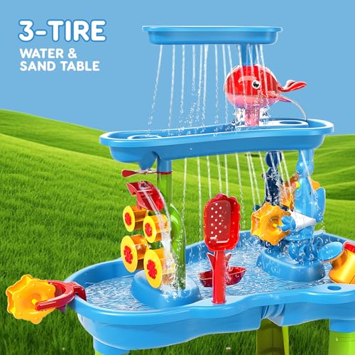 Water Table for Toddlers 3-5 | 3-Tier Kids Water Table Toys, Rain Showers Splash Pond for Outdoor Beach Backyard Summer, Outdoors Play Sensory Play Table Pond for Boys Girls 3-5 4-8