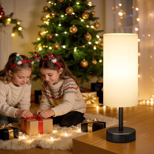 PreeOtti Bedside Lamp Touch Dimmable Table Lamp with USB A+C Charging Function, Linen Fabric Lampshade, Touch Lamp for Bedside Table, Living Room, Bedroom, Children's Room, Office (Includes Bulb)