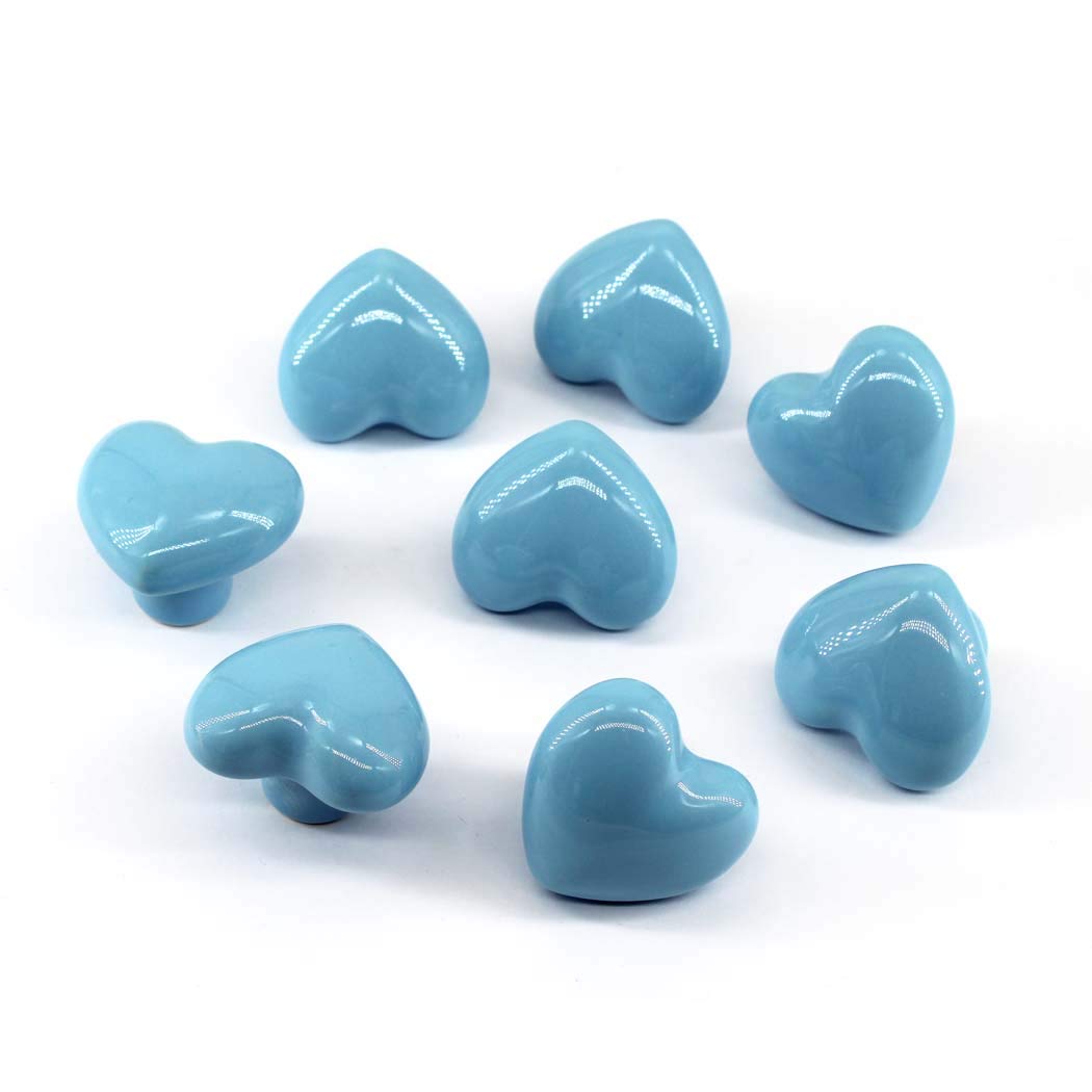 Flomore Blue Drawer Knob Ceramic Cabinet Knobs Kids Room Handle Pull Heart Shape for Dresser Drawers (Pack of 8 Screws Included)