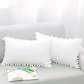 NATUS WEAVER White Velvet Decorative Throw Pillow Covers Pom Poms Soft Solid Square Lumbar Cushion Cases for Sofa Couch Bedroom Car, Pack of 2, 12 X 20 inches