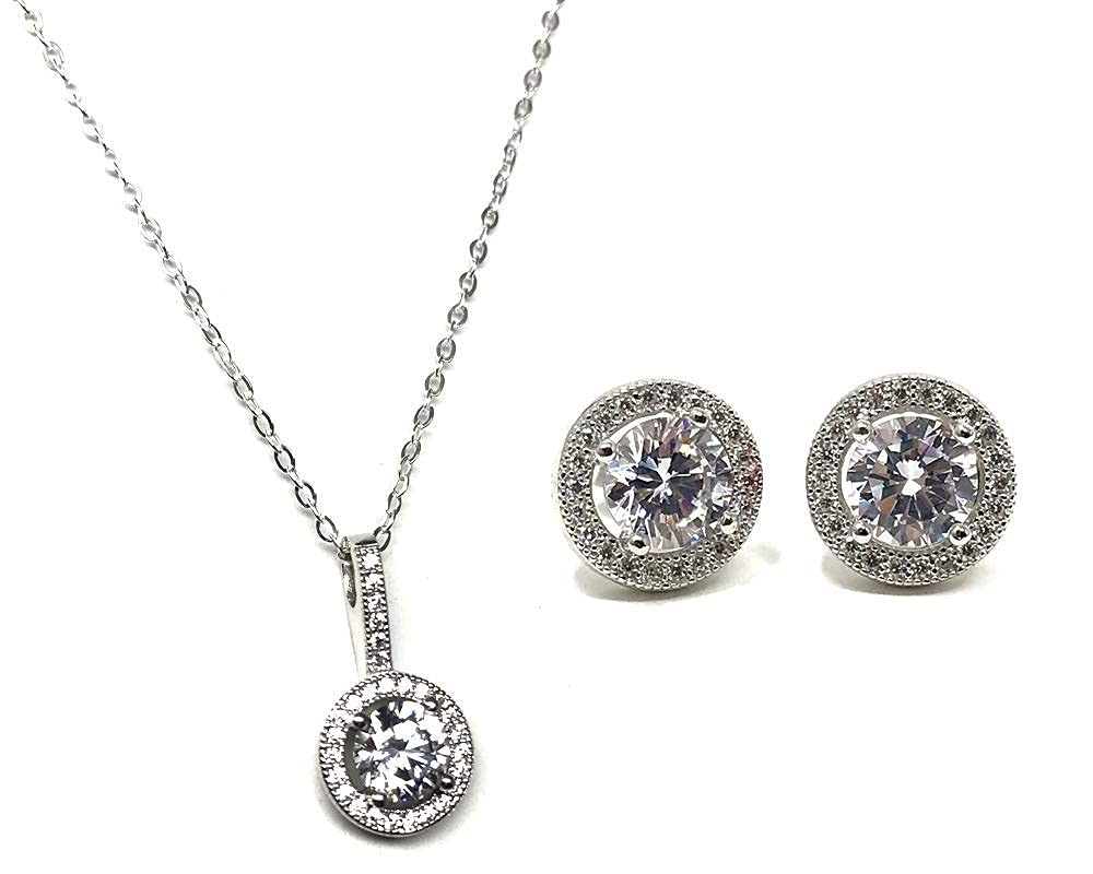 Strictly Gifts Ladies Sterling Silver Micro Set Cubic Zirconia Halo Pendant Chain Necklace and Stud Earrings Set
