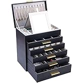 BOOVO Jewelry Box with Necklace Hanger – Jewelry Organizer for Women with 5 Drawers, Large Jewelry Storage Boxes –Jewelry Organizers and Storage for Earrings, Necklaces (Black, 6 layer)