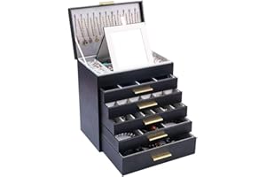 BOOVO Jewelry Box with Necklace Hanger – Jewelry Organizer for Women with 5 Drawers, Large Jewelry Storage Boxes –Jewelry Organizers and Storage for Earrings, Necklaces (Black, 6 layer)