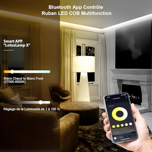 10 m COB LED Strip, App Control, 2700K-6500K Cool White LED Strip with Remote Control and Power Supply, 24V Dimmable LED Strip, 620LEDs/M, CRI >92, Width 8 mm, for Bedroom, Home Decor
