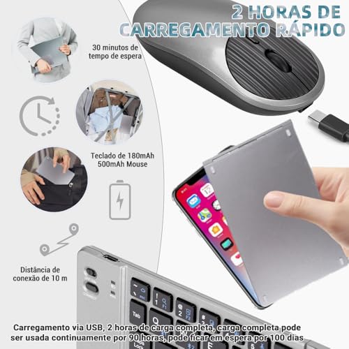Kit Teclado e Mouse sem Fio, Teclado Dobrável