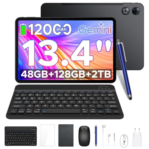 Easerush P13 Tablets 13.4 Pulgadas, 2.4K 120Hz Tablet Android 16 & Gemini AI, 48GB RAM + 128GB ROM, T7280, 120P1300mAh, Widevine L1, 13MP+8MP, Altavoces Duales, Tablet con Teclado, Lapiz, Funda, Negro