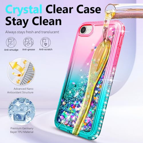 NGB Designed for iPhone SE (3rd 2022 & 2nd Gen 2020)/iPhone 8/7/6/6S Case, Pink/Aqua | Glitter Liquid Cute Cover for Women Girls Kids | with Tempered Glass Screen Protector & Ring Holder-Wrist Strap