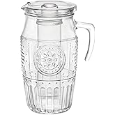 Bormioli 'Romantica' glass carafe with ice compartment, carafe filling capacity of 1.8 litres, keeps drinks cool without becoming watered down, glass embossing in a beautiful vintage design