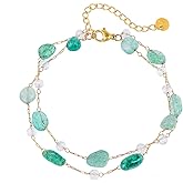 Izpack Adjustable Stacking Natural Gem Stone Bracelet for Women - Gold Plated Handmade Crystal Blue Green Emerald Gemstone Beaded Double Layered Chain Bracelets Baroque Jewelry for Mom Friends