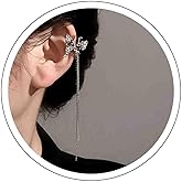 Iaceble Boho Crystal Butterfly Ear Cuff Earrings Butterfly Tassel Cuff Earrings Silver Butterfly Clip On Earrings Long Chain Drop Ear Wrap Earrings Jewelry for Women (Left)