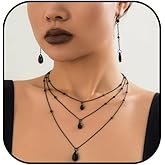 Asiamist Gothic Blood Necklace Earrings for Women Layered Black Red Crystal Necklaces Earrings Set Punk Vampire Blood Teardrop Necklaces Gothic Y Necklace Earrings Set Halloween Cosplay Prom Jewelry