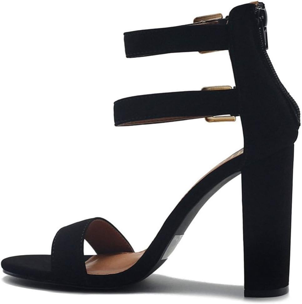 JORCOKA Womens Open Toe Double Ankle Strap Back Zipper Chunky Squar High Heel Dress Party Pump Sandals