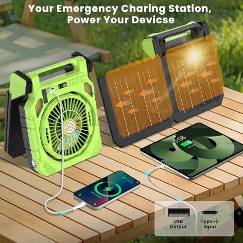 Astarama Solar Camping Fan with 2 Solar Panels,20000mAh Rechargeable Battery,LED Light,Shaking Head,Digital Display,Flashlight,Timer,4 Speeds. Portable Fan for Travel Outdoor Camping Gadgets (Green)