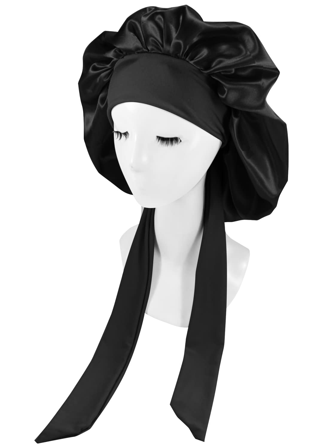Geiomoo Silk Satin Bonnets, Nightcap Sleep Cap Hat with Tie Band, Elastic Headband (Black)