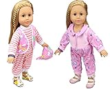 HappyBB 2 PCS Baby Doll Clothes Fits 16 inches American Girl Doll - Pink Printed Romper & Pink Stripes Romper with Hat