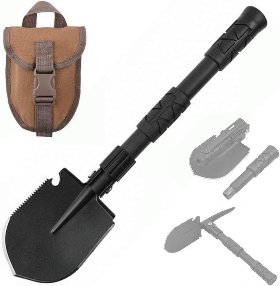 Yeacool Folding Shovel Pickax with Carrying Pouch Portable Tactical Army Spade Military Multitool for Outdoor Off Road Camping Hiking Backpacking Entrenching Digging Gardening Survival Vehicle Tool