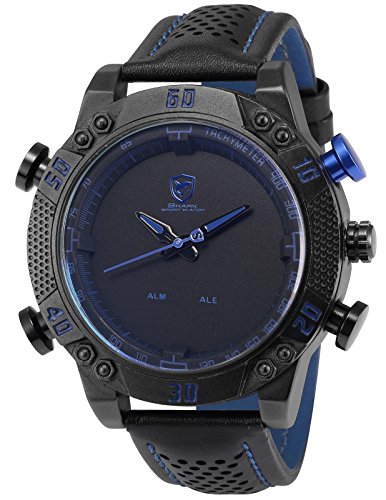 Kitefin Shark Men's LED Date Day Alarm Digital Quartz Sport Black Leather Band Watch SH232