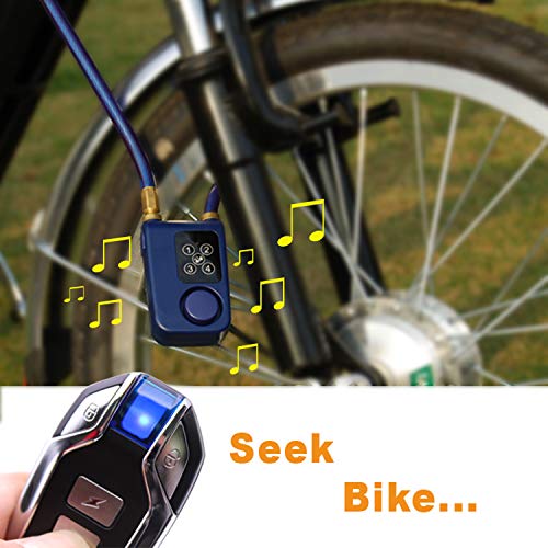 Solebe Wireless Anti-Theft Vibration Alarm Lock 115dB Bicycle Bike Motorcycle Security Lock with Steel Cable Keyless Password or Remote Control for Lock/Unlock IP55 for Indoor & Outdoor Use (Blue)