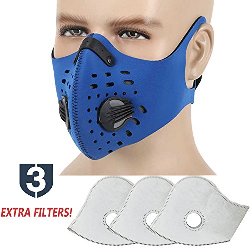 MoHo Dust Mask, Upgrade Version Activated Carbon Dustproof Mask Windproof Foggy Haze Anti-Dust Mask Motorcycle Bicycle Cycling Ski Half Face Mask for Outdoor Activities (Blue+3 extra filters)