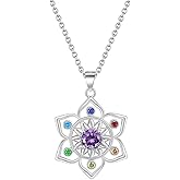 DIAMANTIO 18K Gold Plated Stainless Steel Lotus Flower Pendant Necklace – Statement Colorful Birthstone Chakra Necklace with Amethyst Center Stone