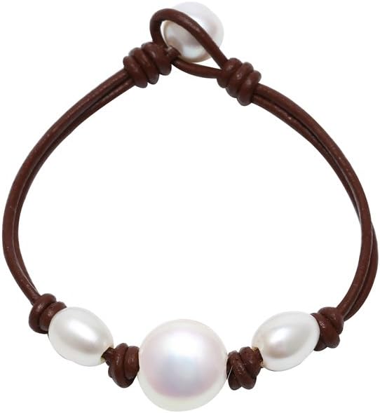 MAIMANI Coin Freshwater Cultured Pearl Bracelet Knotted on Double Strand Brown Genuine Leather Cord Girls