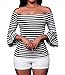 LittleLittleSky Women Cute Black White Striped Off Shoulder Tops 3/4 Sleeves Blouse Slim Form-Fitting Shirt ((US 12-14) L)