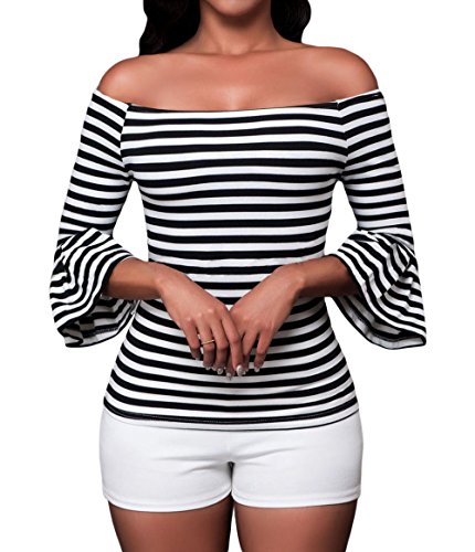 LittleLittleSky Womens Autumn Black White Stripes Off the Shoulder Blouses Tops ((US 4-6)S)