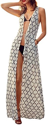 Long Tank Dress Cardigan Printed Beachwear Cover Ups for Bikini Nightgowns US2-16