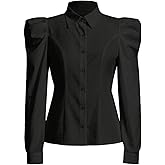 Floerns Women's Elegant Puff Long Sleeve Collared Shirts Button Down Dressy Blouse Top