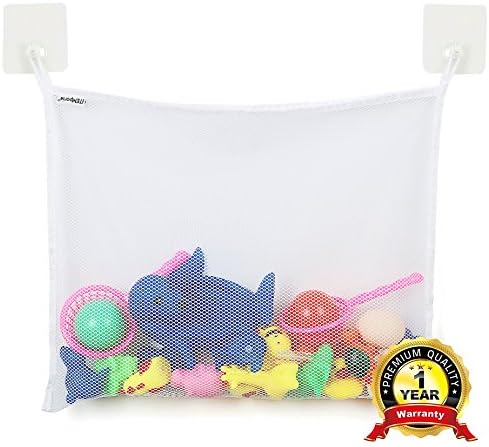 ITEMporia Bath Toy Organizer with 2 Super Strong Adhesive Hooks - Bathtub Toys Holder Storage Net for Stuffed Animals - Bathroom Shower Kids Toy Bag Hammock for Toddlers, Baby Boys and Girls
