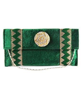 Saisha Crystal Brooch Embellished Green Zig-Zag Design Clutch Bag