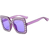 IKANOO Oversized Crystal Sunglasses for Women Square Thick Frame Bling Rhinestone Sparkling Glasses