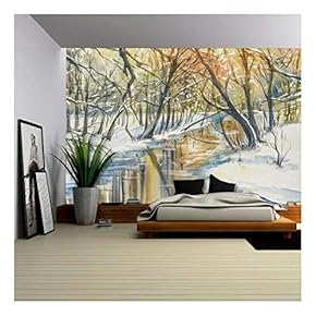 Watercolor Painting of Winter Landscape: River in Fores During Sunset. - Removable Wall Mural | Self-Adhesive Large Wallpaper - 66x96 inches