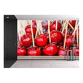 Sweet Glazed Red Toffee Candy Apples on Sticks for Sale on Farmer Market or Country Fair. - Removable Wall Mural | Self-Adhesive Large Wallpaper