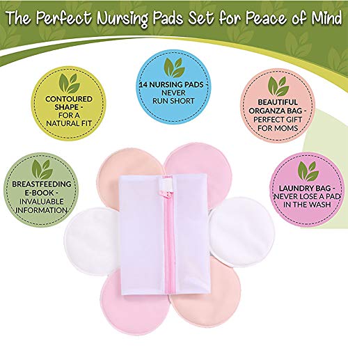 14 Pack Organic Bamboo Nursing Pads with Laundry Bag, Washable Nursing Pads Breast Pads Breastfeeding Pads - Reusable Soft Waterproof Heavy Leakproof Breathable and Hypoallergenic by Egmao Baby